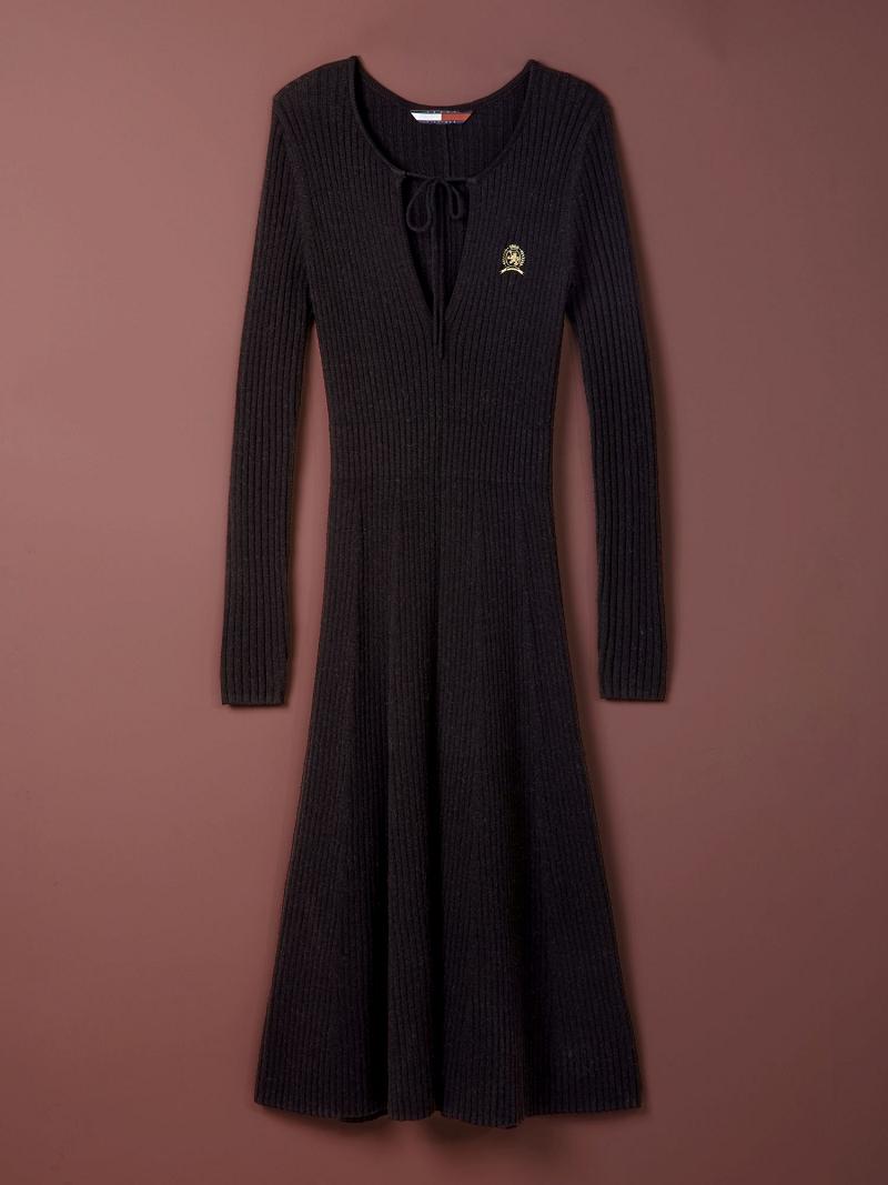 Női Tommy Hilfiger Fine Wool Crest Pulóver Dresses Fekete | HU 86TCE